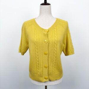 Vtg LOFT Sweater Womens Large Yellow‎ Cable Knit Cardigan Cashmere Blend Preppy
